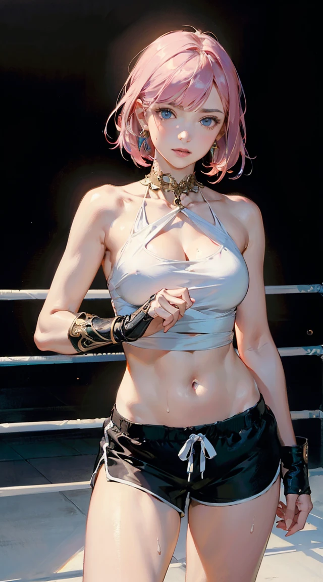 Ultra HD, high resolution, realistic, best quality, masterpiece, (realistic: 1.2), upper body, 1 girl, pink hair, with a tattoo ((short hair in two pigtails)), brown eyes, detailed face, beautiful eyes, detailed eyes, playful, freckles, young, black bikini background, lingerie, medium bust, intricately detailed, elaborate, meticulous, beautiful, maximum details, extremely hyper-aesthetic, looking at the viewer, gray background, masterpiece, Best quality, high quality, high resolution, amazing lighting, detail enhancement, world's most beautiful picture, 8K resolution, stunning inspiration, HD