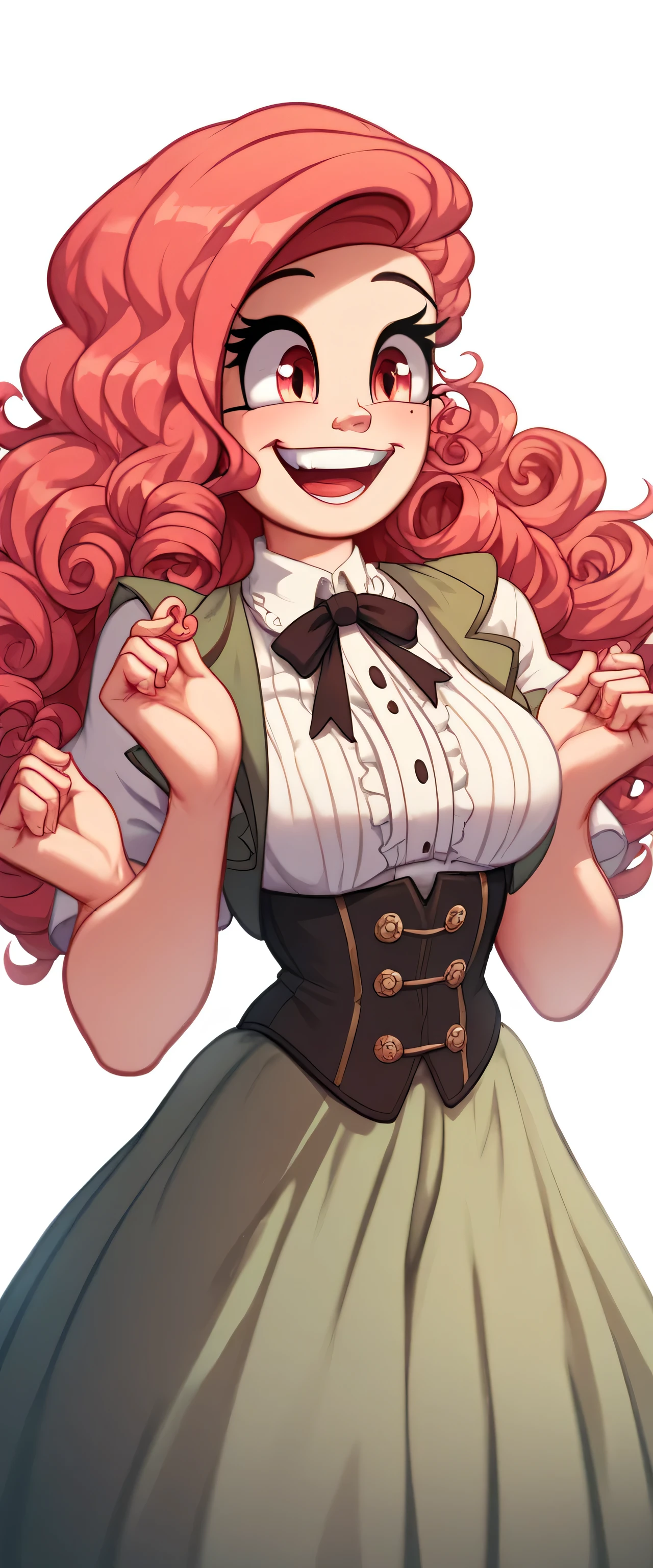 A tall sexy girl beautiful big breasted beautiful curly red hair wavy long laugh her light red eye wide black eyelash dresses white top cut under a vest black corset and short green skirt long brown boot