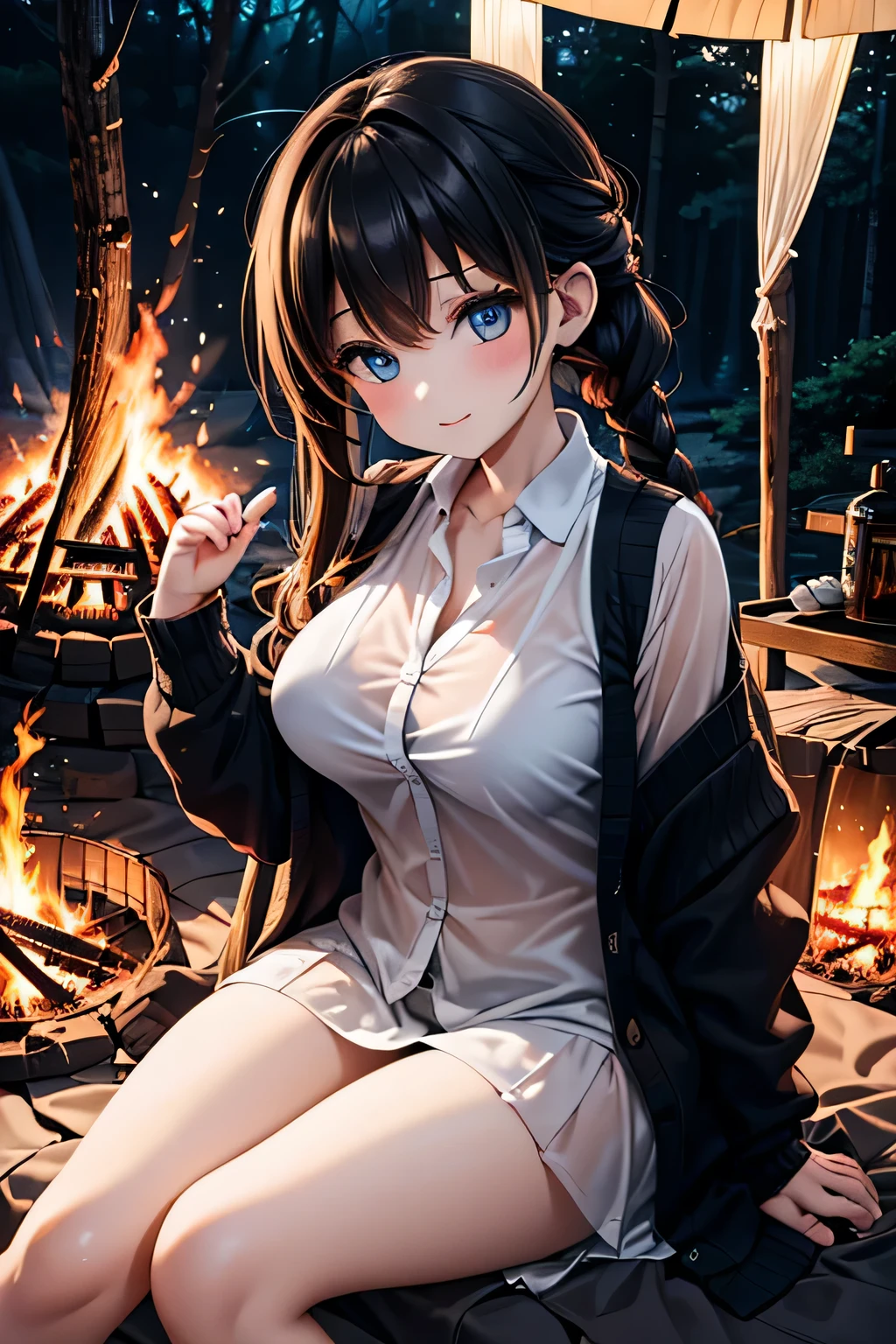 1girl, solo, extremely cute, Amazing face and eyes, (beautiful nice smile), blonde hair, (extremely detailed beautiful face), bright glossy lips, (T-shirt with loose chest:1.5), (Beautiful big breasts:1.7), (Best Quality:1.4), (Ultra-detailed), (Ultra realistic, photo-realistic:1.37), beautiful fair skin, extremely detailed CG unified 8k wallpaper, raw photos, professional photograpy, cinematic lighting, (Night scenery, quiet night forest), (bonfire, campfire:1.5), tent, (Silence, moonlight, night sky:1.3),