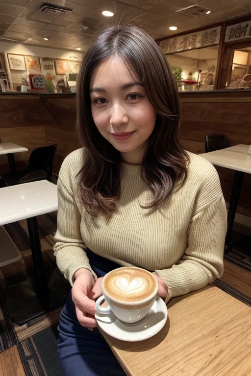 (realistic, photo-realistic:1.37),(8k, RAW photo, highest quality, masterpiece:1.2), cute, super detailed,heart-shaped pupil,Physically based rendering, ultra high resolution, kodak vision color, Photographed with Arricam LT camera, Bokeh, sharp focus, looking at the viewer,photorealistic,realistic, alone, photorealistic, highest quality,highly detailed face,highly detailed eyes and face, detailed and beautiful eyes,disorganized, incredibly disorganized,忘れられないsmile,messy hair, floating hair, , neat knit sweater、earrings、smile、business office、coffee、Upper body