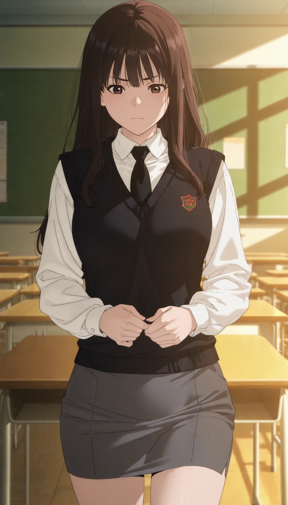 Masterpiece, best quality, source_anime, anime screencap, anime coloring, anime screencap, 1girl, brown eyes, long hair, brown hair, black hair, black eyes,school uniform, black necktie, sweater vest, black vest, white shirt, collared shirt, long sleeves, grey skirt, pencil skirt, miniskirt, Classroom background, school desk