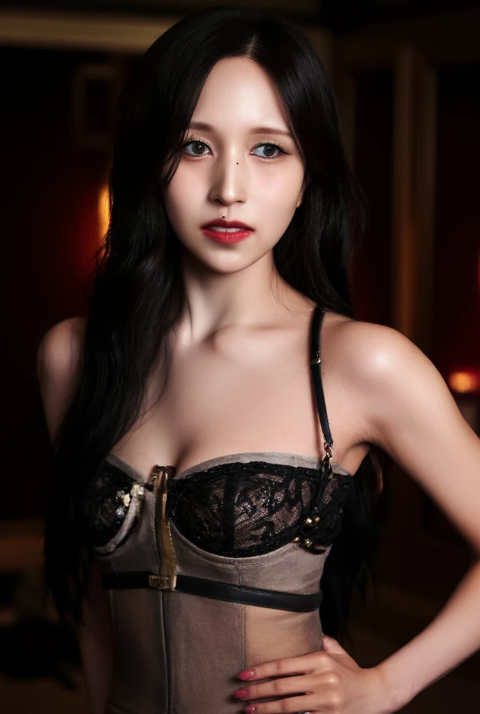 Bishōjo college student, masterpiece, light makeup, red lips, red hair, messy long hair, pure background, beautiful, elegant. Ultra fine details, masterpieces, realistic texture, cinematic lighting realism, perfect work, 8k, high-definition, exquisite facial features, black shirt, black buttocks skirt, and exquisite curves
