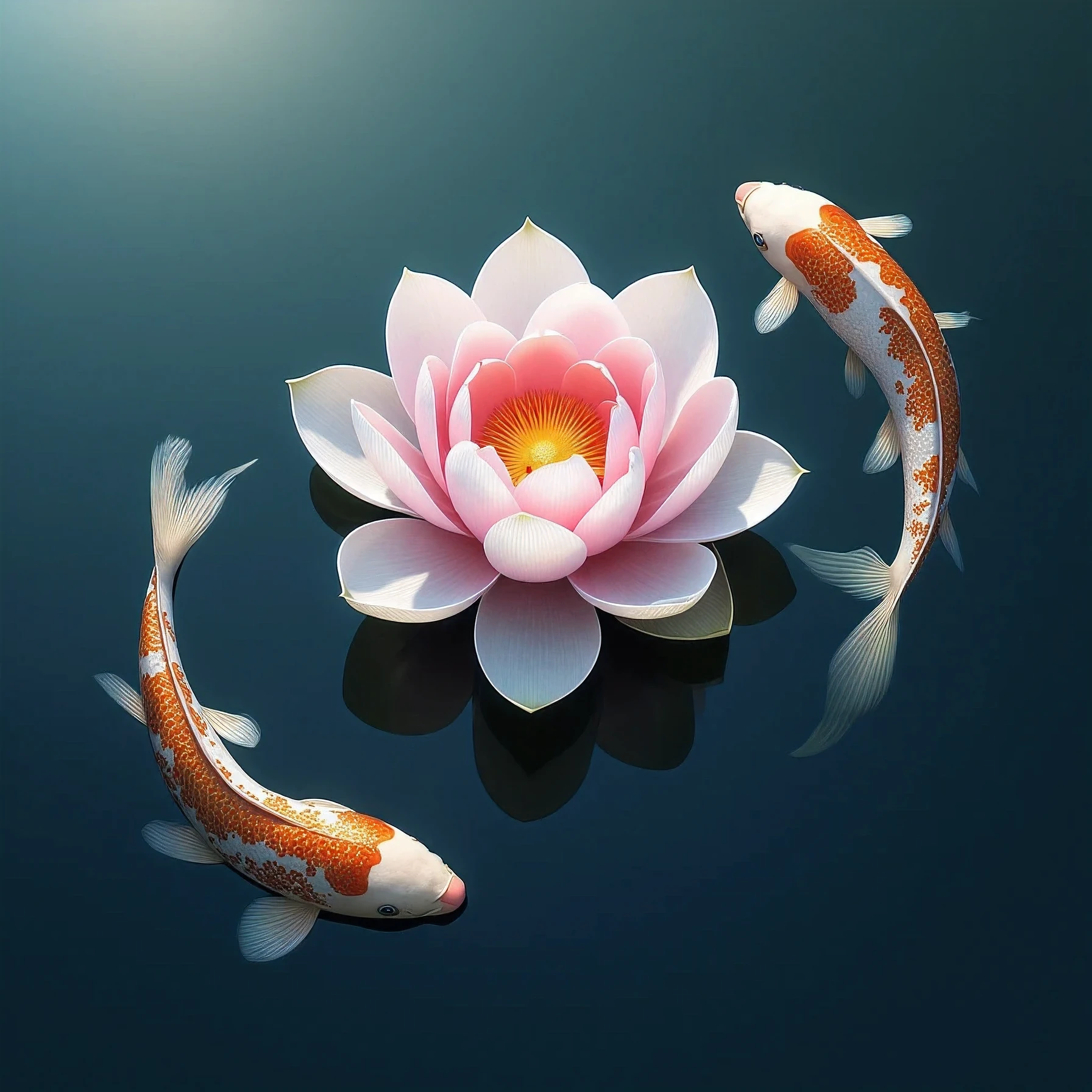 art with a lotus seen from above 12 petals in the water, surrounded by just two carps, one on each side, swimming in opposite directions , representing the yin-yang balance.