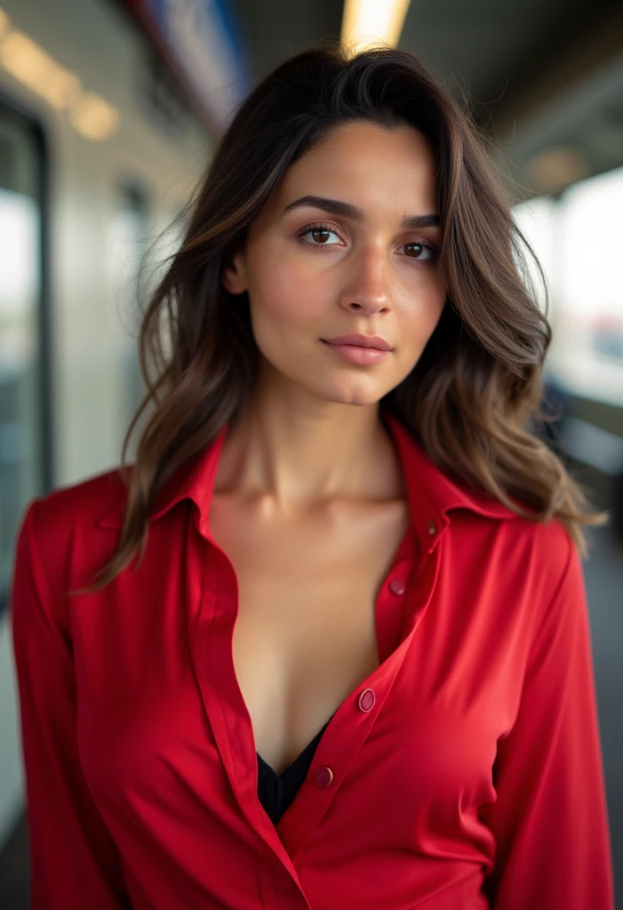 Uma modelo com longos cabelos castanhos posando para um close-up em ultra-detalhado, high resolution, estilo hiper-realista. The image is of the best quality, with 8k resolution and vivid colors. The model is wearing a red t-shirt and jeans, adding a touch of color to the composition. The focus is on the model's beautiful brown hair, destacando sua textura e brilho. Lighting enhances the richness of colors and adds depth to the image.