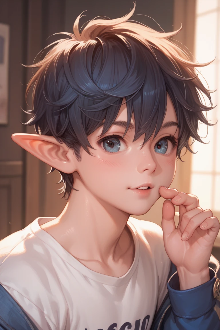 Highres, Masterpiece, Best quality at best,Best Quality,hight quality, hight detailed, 1boy, Shota, Elf ear, Shirtless, Cry, Sweat, Crawl on the floor, Collar, Seen from side, (young boy), 12-year-old boys