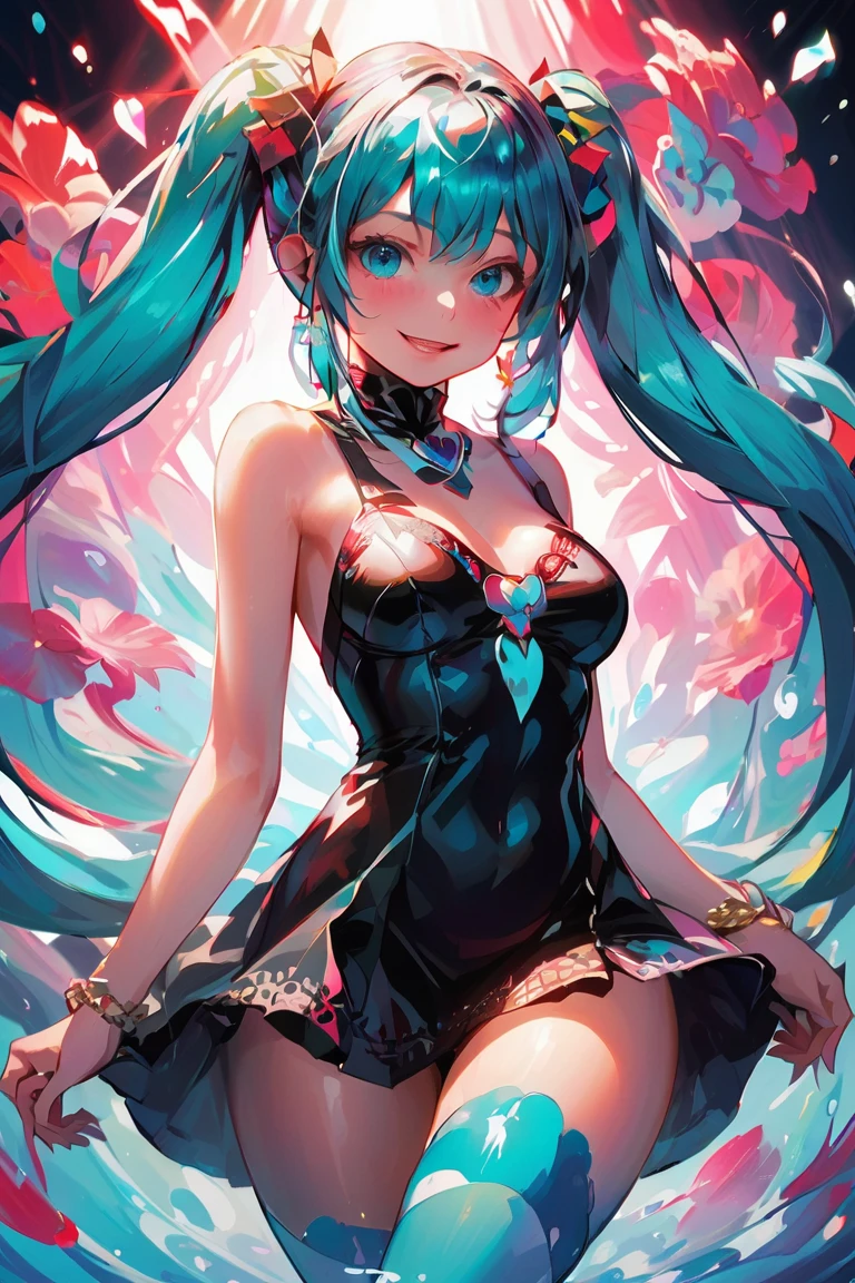 (Highest quality, 4K, 8k, High resolution, masterpiece:1.2), Very detailed, (Realistic, photoRealistic, photo-Realistic:1.37), expressive aesthetics, 1960s counterculture, Brightly colored humanoid, Psychedelic Art, Retro art style, Sharp details, abstract pattern, , , , , Flower Power, , Psychedelic Background, Fractal Art, Multicolored neon lights, A unique and trippy perspective, landscape, Hallucinations, a mind-changing experience, Motion Blur, Fluid movement, Synthesizer Sounds, Realistic fur rendering, Rich and vibrant color palette, , Mysterious glow, high contrast lighting, , ,, Both eyes are the same size, One Girl, alone, huge breasts, , , , Wet, Glowing Skin, , , , , , , , Red cheeks, Shiny rosy lips, Sexy posture, Dynamic pose,Lens flare, Hatsune Miku, , cyan hair, ,Chest compressions, , , , , black pantyhose, seductive smile, , drunken eyes, rolling eyes, , perky breasts, , , , , , ,