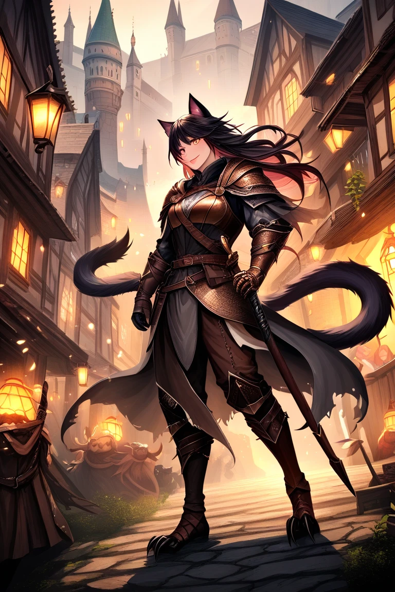 woman, hairy woman, wolf woman, full body portrait, full fur, magic fur, full tail, big tail, magic tail, magic hair, long hair, bushy hair, hair, hair with a brooch ;gear ), almond-shaped eyes, blue eyes, Shy smile, charming face, red cheek, long dress (dark blue color in steampunk style), worn tights, Black tights, Heeled shoe, steampunk shoe, background with steampunk city ( a femme wolf this walk in the city), many people in the street