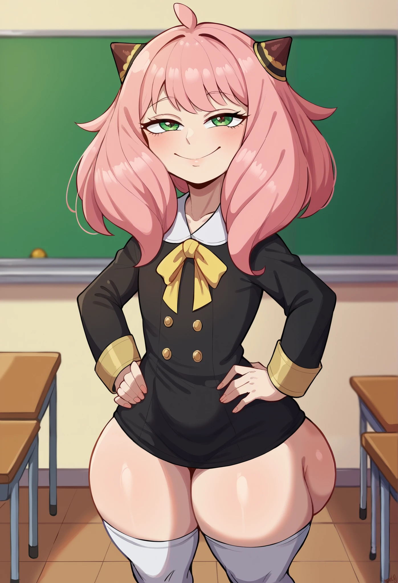 score_9, score_8_up, score_7_up, Yamathegod artsryle, 1girl, solo, anya forger nsfw, (/spy x family/), , size difference, pink hair, hairpods, school uniform, dress, black dress, yellow, green eyes, sleeve cuffs, gold trim, flat chested, huge butt, butt focus, thick thighs, white thighhighs, cowboy shot, age difference, immature, under-aged, younger girl, middle school student, half-closed eyes, looking at viewer, smile, hands on hips, indoors, classroom, chalkboard, yamathegod style, Big eyes, cute