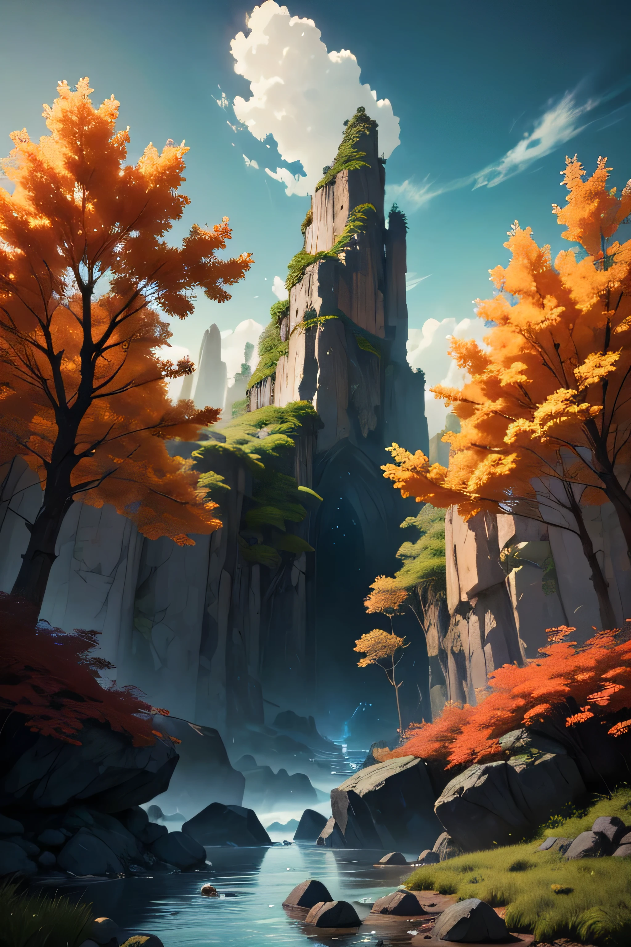 masterpiece, bottomless abyss, colorful flowers and giant trees. Beautiful sky and rocks in the distance. Adventure landscape. highest quality, detailed.