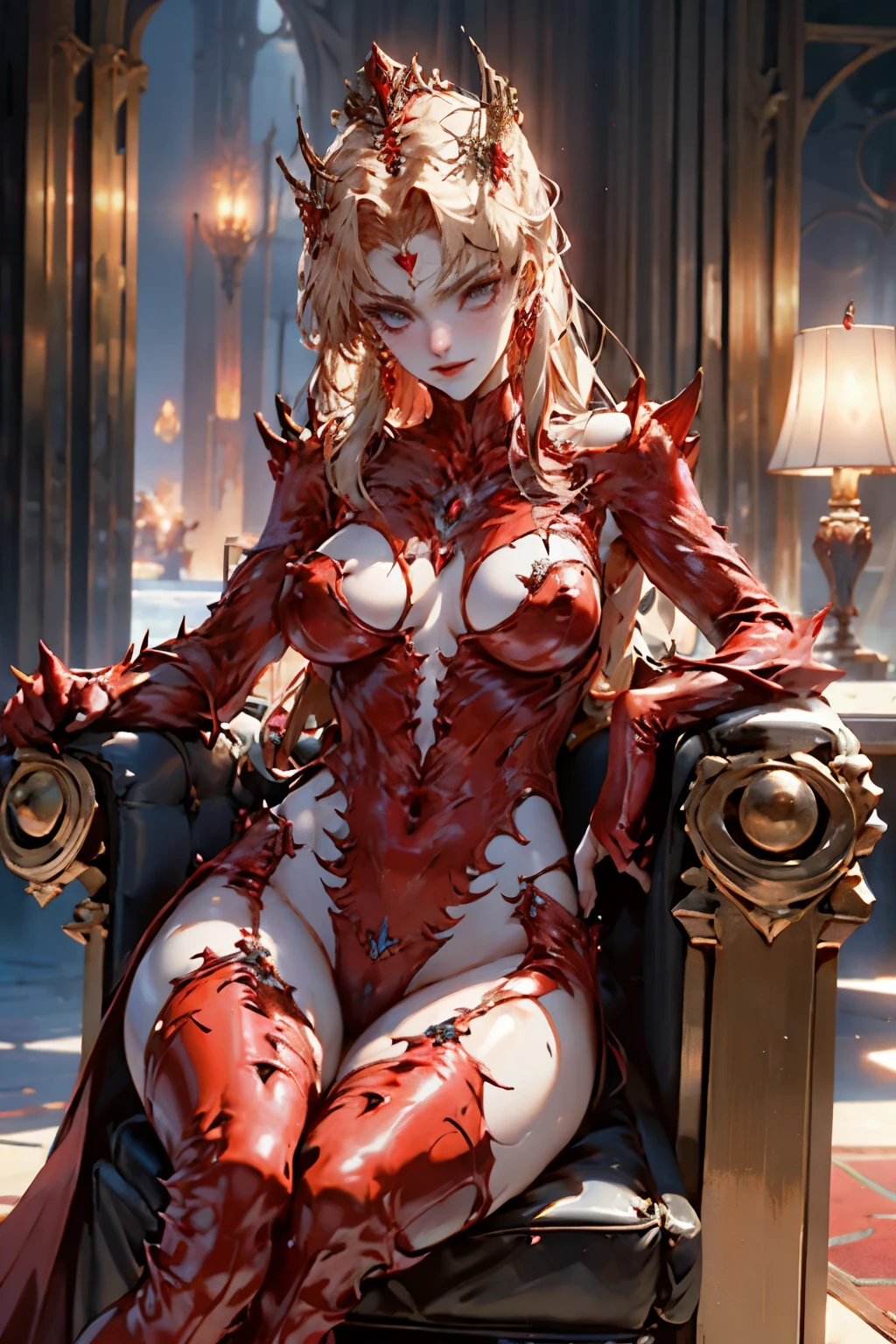 Beautiful Alluring Crimson Knight queen sophie turner, Bare Skin, Body Covered With Ruby Jewels, Athletic Well Toned Body, Elegant Form, Bare Skin, Inside A Dark Throne Room, sitting on a throne, Barely Clothed, cleavage, vissible breasts, Spikes, long leather red gloves, thigh high leather red boots, Beautiful Face, Ominous Gothic Theme, Fiverr Dnd Character, Octane Render, Digital Art, Extreme Detail, 4k, Ultra Hd, Polished, Beautiful, Hyperdetailed, Intricate, Elaborate, Meticulous, Photorealistic, Sharp Focus, Wlop, Character Design, Unreal Engine, 3d Rendered, Volumetric Lighting, Reflections, Glossy, Digital Illustration, Pose, Suggestive Pose, Lewd, Full Body Shot, very small breasts, a cup breast size, naked, vissible nipples, puffy vagina, pierced nipples, nipple jewellry anatomically correct 💖❤💕💋❣
