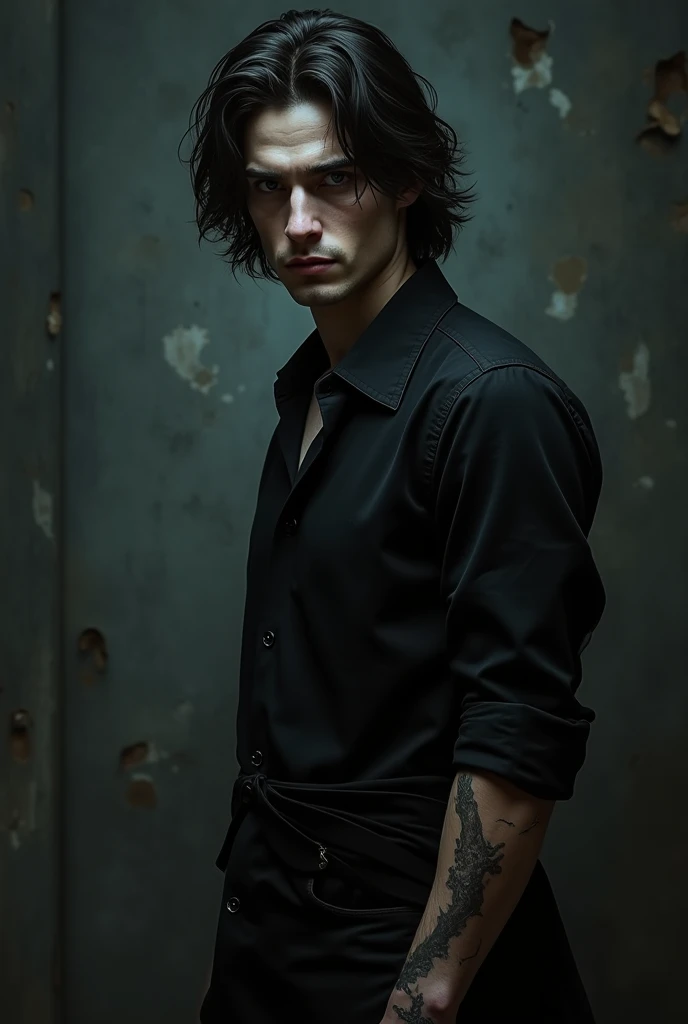 A sexy young male with teal blue eyes and long straight black hair, with pretty and delicate facial features, he is wearing gothic black clothes. His skin is pale and white. He has thick and shiny legs. (Male) (Black and purple) (Make it realistic) ((no facial hair)) ((no body hair))) ((masterpiece))  ((detailed) (((NO facial hair or body hair)) ((sexy)) (((show his full body)) (((he looks attractive)) (smirking)