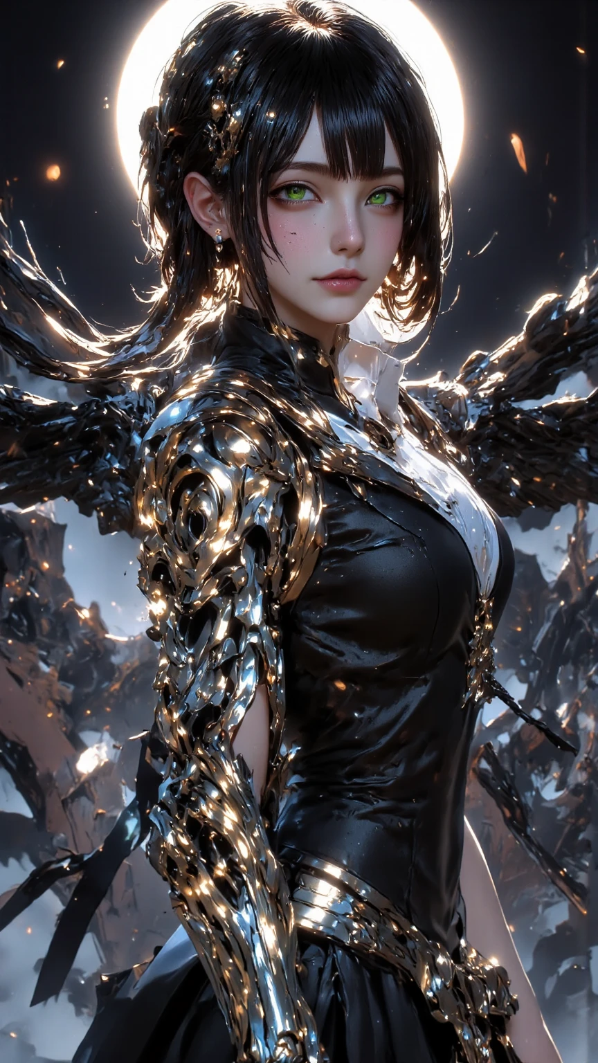 ((Picture in cyber punk style, create two characters), (futuristic , space station, space)))_((In the center of the composition there are two characters, close-up, a boy and a girl - full growth), (a girl in a stylish overalls, a slender figure, dynamic pose), (her clothes look very stylish, futuristic, a lot of details, latex material, textured fabric elements, colors, pink, blue, white), (her image embodies beauty and sympathy, her face radiates happiness, expressive eyes, smile), (her hairstyle, two long braids, hair dyed blue, pink - neon highlights))_((Her partner, a futuristic boy from the future, is dressed in all black, his preference in clothing, dark gothic style, combined with space jumpsuit, sporty stylish), (shoulder-length hair, handsome, black eyes, slender, young, strong body))_((Background, space station, space, technological elements, shine of stars))_((High image quality, stylish picture in cyber punk style, futuristic future, masterpiece), (animation cinematography, stylized realism, Japanese anime, blade runner, apple seed, animatrix), (FULL HD, 18K).