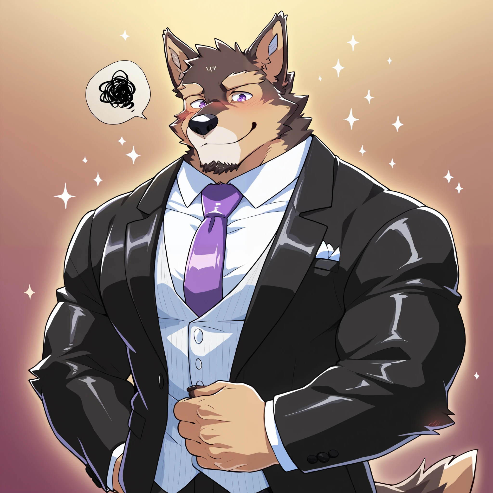 Scribble    German Shepherd face,Pubraseer(  German Shepherd),(Formal Wear:1.3), Muscular ,  brown fur ，（ artist :Takemoto Arashi），wedding，（ buttock bulges:1.3） ，Purple Eyes，Smile，blush