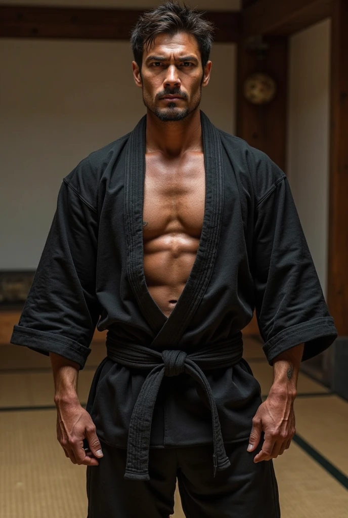 a muscular man, black belt jiu-jitsu fighter, wearing a black kimono, dramatic lighting, detailed face and body, powerful pose, action scene, cinematic, high contrast, moody lighting, dramatic shadows, realistic, photorealistic, 8k, best quality, masterpiece