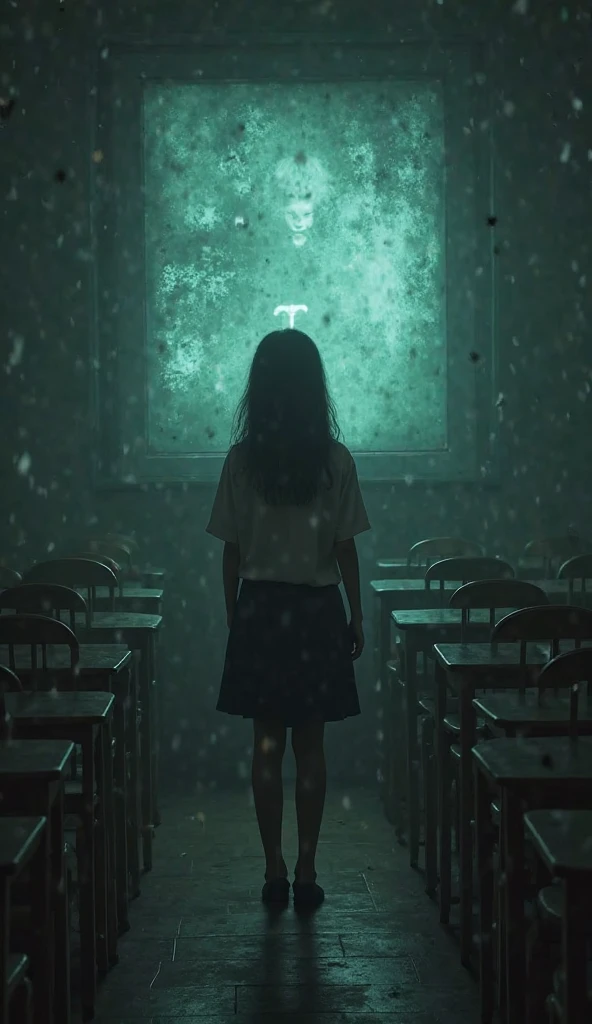 masterpiece:1.4, mysterious transfer student, 1girl,school uniform ,eerie classroom, forbidden seat, ghostly presence, cold wind, invisible writing on blackboard, silent atmosphere, chilling mystery, school horror, supernatural event, haunted desk, vanished students, unsettling aura, phantom whispers, shadowy figures
