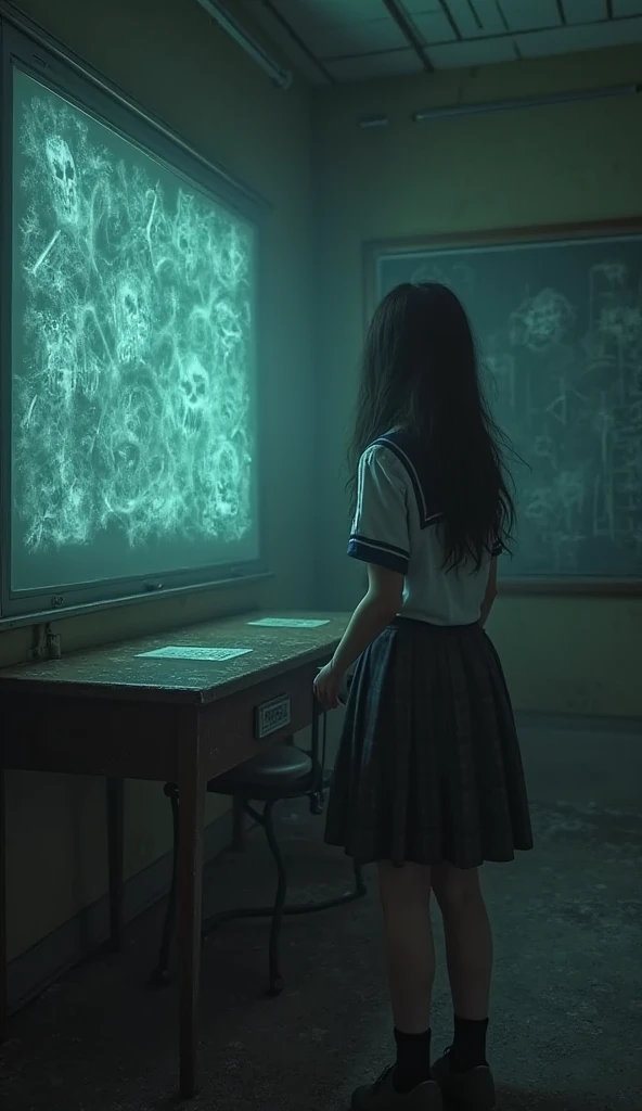 masterpiece:1.4, mysterious transfer student, 1girl,school uniform ,eerie classroom, forbidden seat, ghostly presence, cold wind, invisible writing on blackboard, silent atmosphere, chilling mystery, school horror, supernatural event, haunted desk, vanished students, unsettling aura, phantom whispers, shadowy figures

