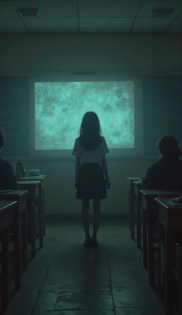 masterpiece:1.4, mysterious transfer student, 1girl,school uniform ,eerie classroom, forbidden seat, ghostly presence, cold wind, invisible writing on blackboard, silent atmosphere, chilling mystery, school horror, supernatural event, haunted desk, vanished students, unsettling aura, phantom whispers, shadowy figures
