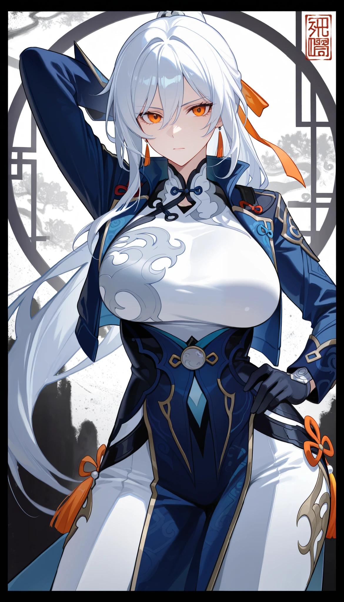 best quality, masterpiece, absurdres, 1girl, white_hair, large_breasts, mature_female, tall, long_hair, dark_blue_jacket, open_jacket, white_shirt, hair_between_eyes, white_chinese_clothes, gloves, (orange_eyes:1.1), looking_at_viewer, white_pants, standing, cowboy_shot, serious_expression, abstract_background, vignetting, tassels, hand_on_own_hip, arm_behind_head, tactical_clothes, curvy, frame, border, from_side, contrapposto, hair_ribbon, orange_ribbon,