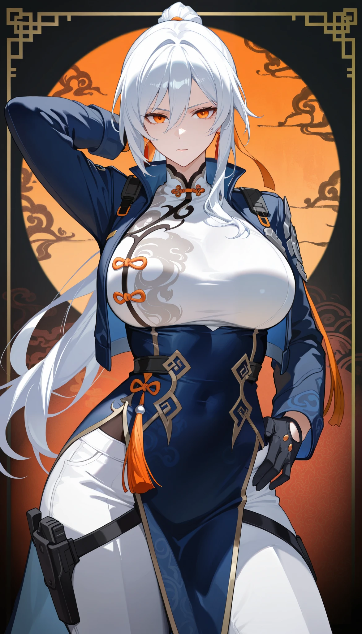 best quality, masterpiece, absurdres, 1girl, white_hair, large_breasts, mature_female, tall, long_hair, dark_blue_jacket, open_jacket, white_shirt, hair_between_eyes, white_chinese_clothes, gloves, (orange_eyes:1.1), looking_at_viewer, white_pants, standing, cowboy_shot, serious_expression, abstract_background, vignetting, tassels, hand_on_own_hip, arm_behind_head, tactical_clothes, curvy, frame, border, from_side, contrapposto, hair_ribbon, orange_ribbon,