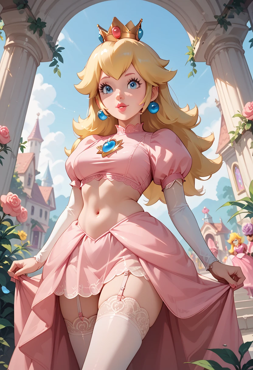 (blow upskirt), (skirt lifted by wind, Skirt flipped by the wind), (((exposed Sheer panties))), strong wind from front, ((embarrassed)), (Princess Peach, pink dress, chest fully covered, brooch, puffy sleeves, fluffy skirt, short sleeves, lipstick, white elbow gloves, crowns, earrings), in mushroom forest, facing front, Windy Upskirt, close to viewer, cowboy shot, perfect hands, (masterpiece:1.2, Ultra-realistic:1.2, Best Quality, high quality texture), Photorealism, Super detailed, Highly detailed CG, 8k, Professional photography, (cameltoe), Hold your groin, 