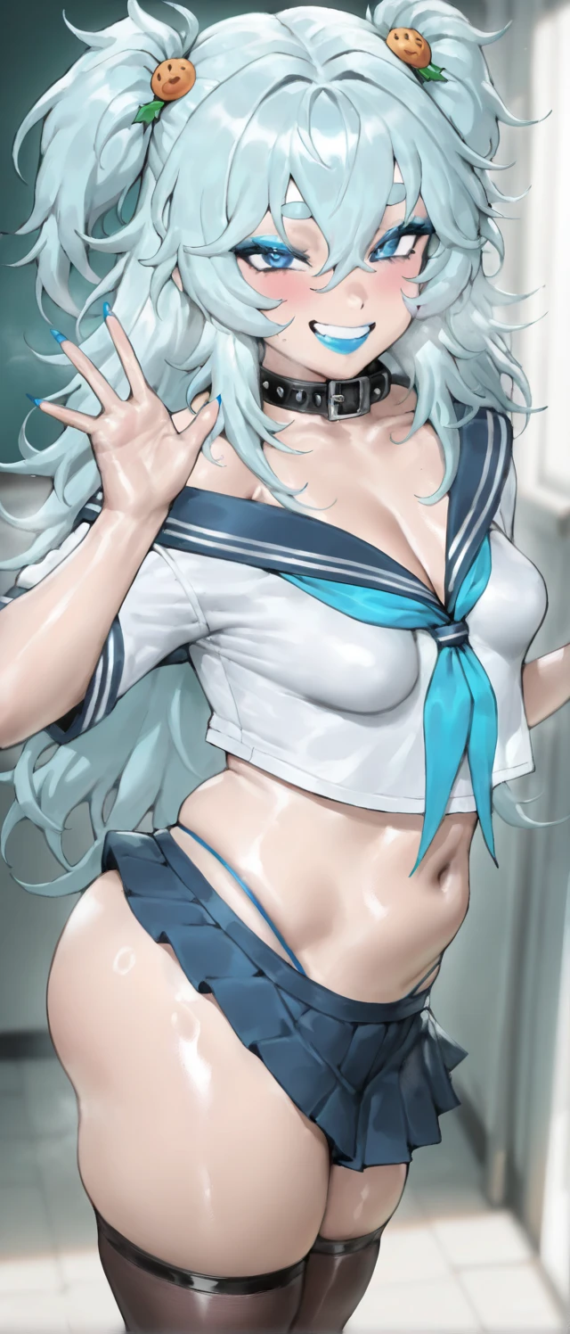 whole body,Standing posture, (Gray Hair,ponytail,) (Big Breasts,Woman in her 20s,), (Beautiful Face:1.2) (High leg leotard,Sailor suit,Sleeveless clothing,) Expressionless,(White background)