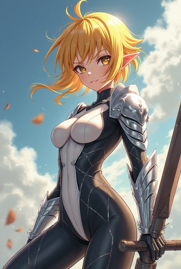 (({{masterpiece,best quality,ultra-detailed}}))  1girl,wariza,on bed, looking at viewer,innocent smiles、white fishnet stockings、((A detailed face))、(Detailed skin)、blonde short hair, red hair band,shoulder armor, bangs, green scarf ,upper body, hair over one eye ,hair over one eye ,blue eyes,holding ,cleavage, pantyhose ,