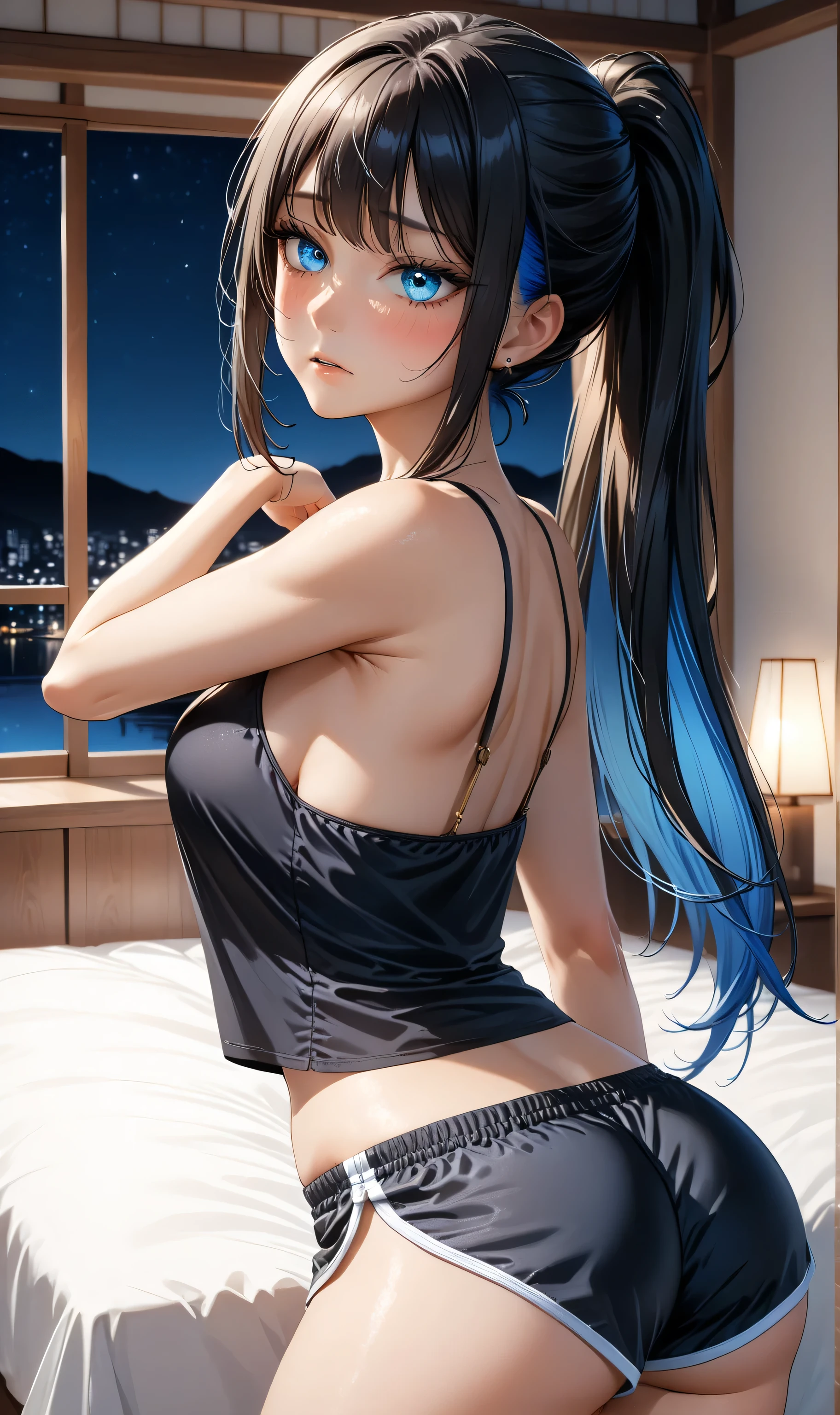 ((Random porn pose)), (Elegant mature women), ((Ultra detailing)), (very aesthetic, best quality, ultra detailed), intricate details, 1girl, Black hair, ponytail, Blue inner hair , ((Detailed eyes)), ((Beautiful eyes)), ((prefect eyes)),sharp jawline, long hair, Medium breasts , blush, medium breast, shy,( dolphin shorts, Black negligee, crop top overhang, cleavage, ), (masterpiece best quality:1.2), looking back at viewers, delicate illustration ultra-detailed,) BREAK, Japanese bedroom, night, detailed background.