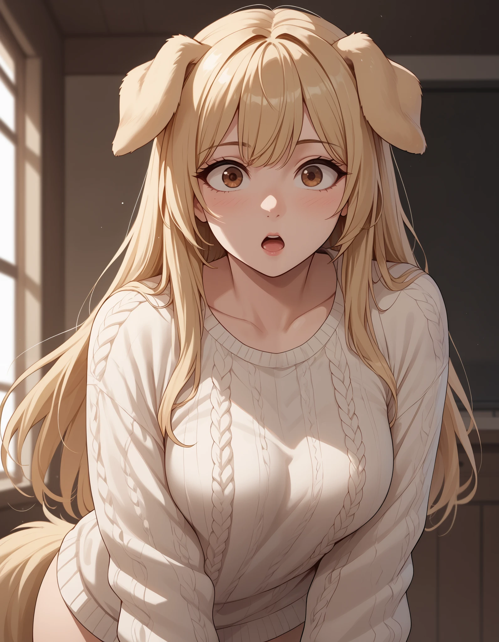 (Masterpiece) (High Detail) (High Res) A short curvy slim Humanoid canine female with pale human skin and brown eyes and long blonde straight hair and fluffy blonde floppy doggy canine ears and a long fluffy blonde doggy canine tail and medium breasts. She is wearing only and oversized baggy sweater and is pulling the hemline down to cover herself. She looks surprised.