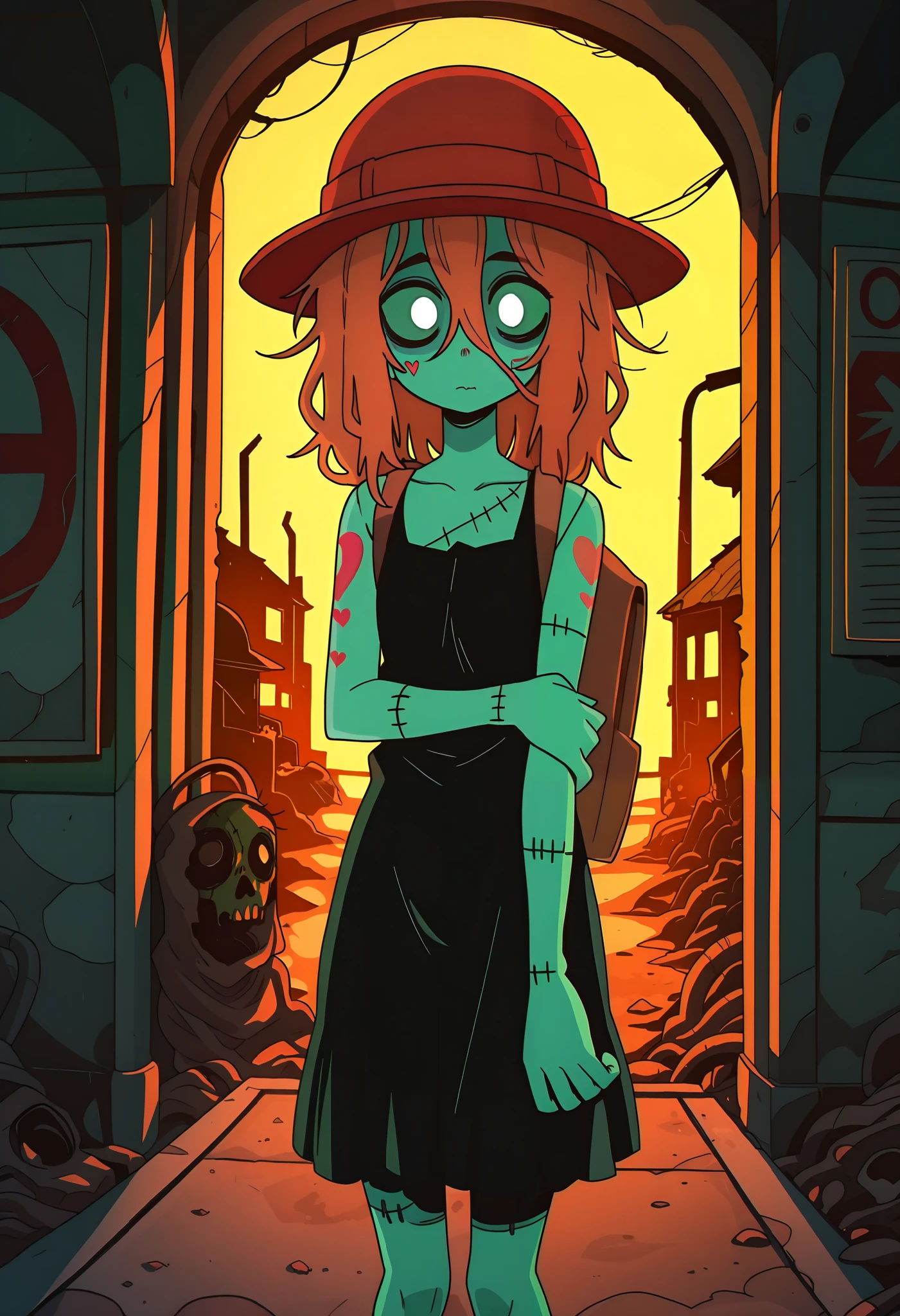 masterpiece, best quality, amazing quality, Anime Screencap. BREAK. 1girl,
zombie, undead, pale skin, stitched skin, cute,
standing, relaxed pose,
gas station hat, school backpack, tattoo, heart tattoo, arm tattoo, black dress,
post-apocalyptic, outdoors,
messy hair, green skin tone, soft expression,
dim lighting, subtle shadows