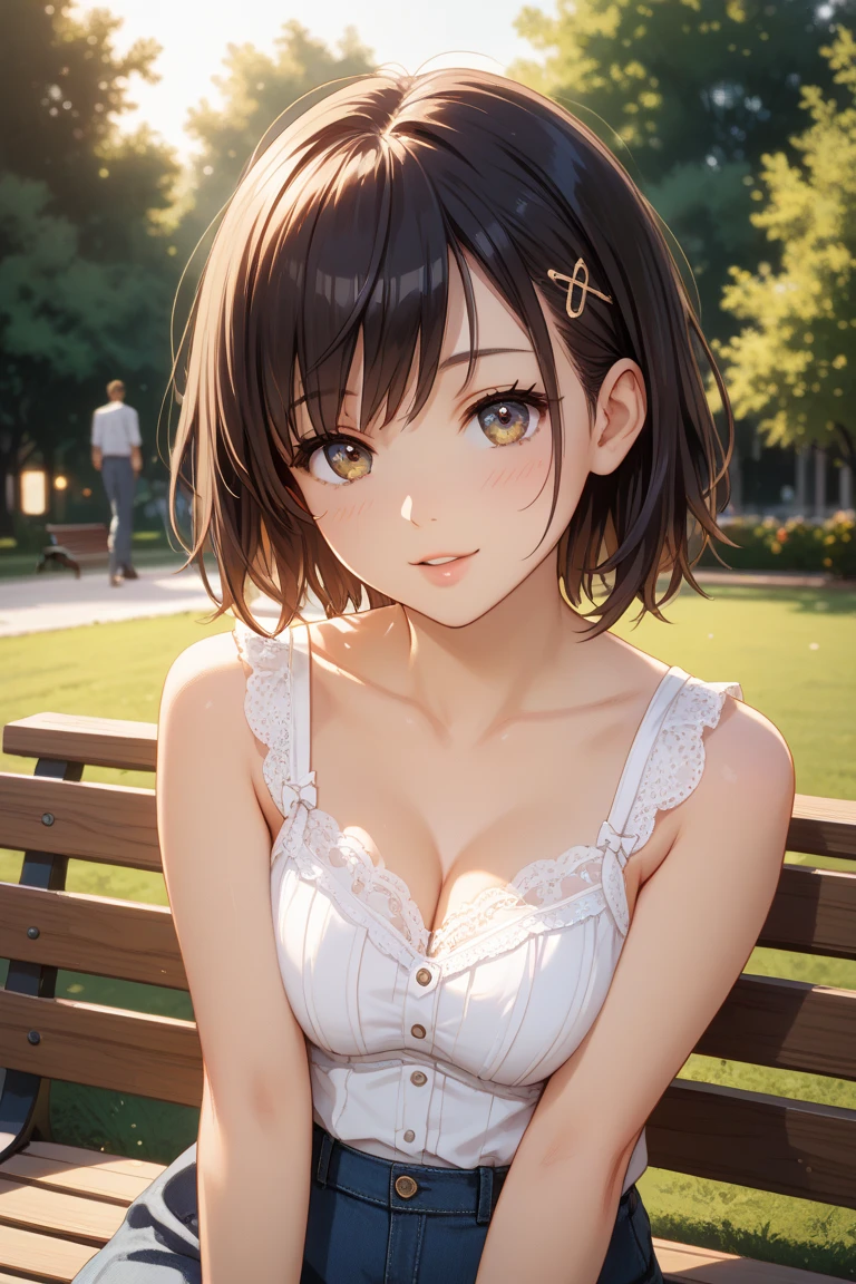 (masterpiece, Face Focus, profile: 1.3),(8K, Raw photo, Best image quality: 1.4), gravure, splendid and colorful, 8 years old cute petit little loli:1.3, (Small cleavage of the tiny breasts:1.2), Super detailed cute face, Perfect eyes for observing every detail, Big eyes with anime eyelashes, double eyelid, Sharp focus:1.2, Cute Toddler:1.4, Highest quality, Super A High Resolution, (Realistic: 1.4), Highly detailed and professional lighting brings a big smile to your face, break, Loose and light weight white camisole, Shoulders out, Nipples high beams, Natural look, Medium Hair, Deadly position, Gorgeous Background