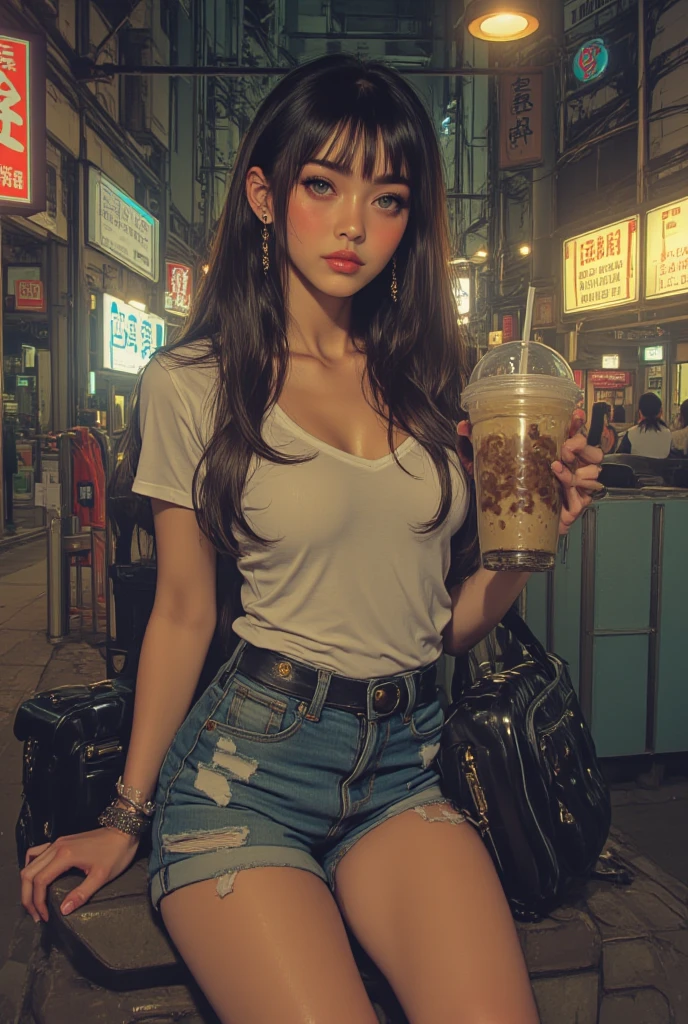(masterpiece, Best Quality, ultra-detailed, high resolution, extremely detailed CG, official art, Professional Lighting, Perfect Anatomy, anime colors), (from below), looking at viewer, cowboy shot, perfect body, 24yo beautiful 1girl, Large breasts, black t-shirt, micro denim shorts, bare legs, cap, nail_polish, pale skin, gleaming skin, black hair, long hair, side locks, Straight hair, pink eyes, expressionless, Waiting friend,
break (dark night:1.5), tokyo, (convenience store:1.3), outdoor, (depth of field:1.3),
break contrapposto, (Hold a coffee in your hand:1.3)