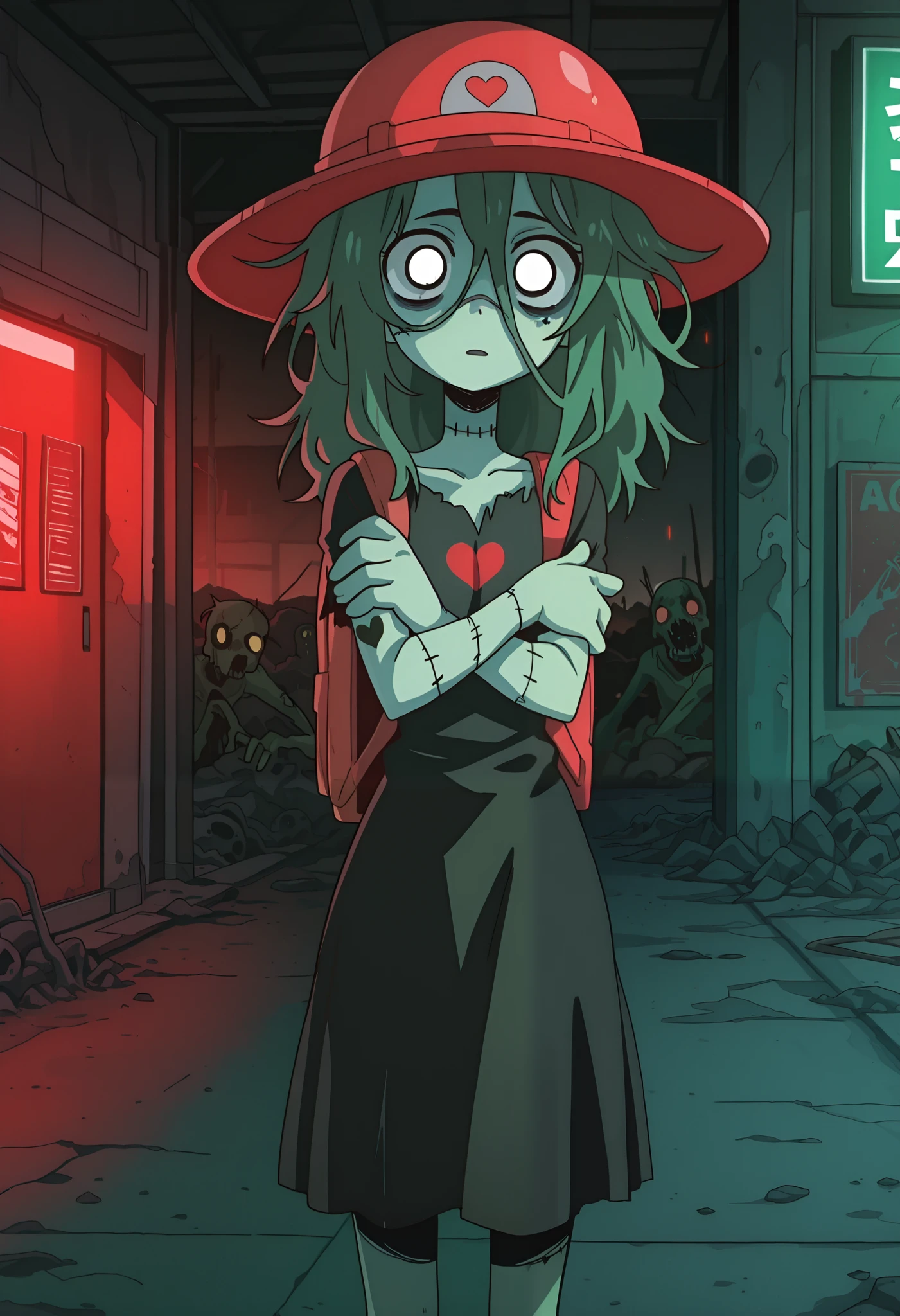 masterpiece, best quality, amazing quality, Anime Screencap. BREAK. 1girl,
zombie, undead, pale skin, stitched skin, cute,
standing, relaxed pose,
gas station hat, school backpack, tattoo, heart tattoo, arm tattoo, black dress,
post-apocalyptic, outdoors,
messy hair, green skin tone, soft expression,
dim lighting, subtle shadows
