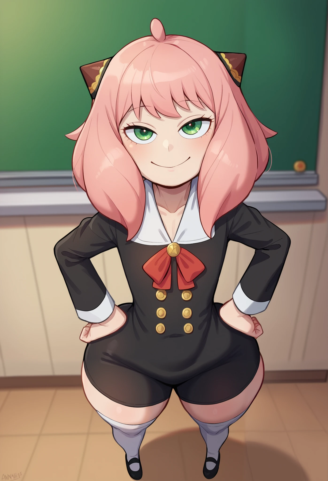 ((1girl)),((alone)),mina ashido,(masterpiece), (best quality), (ultra detailed), (best illustration), (best shadow), (absurdities), sharp focus, cowboy shot , dynamic posture looking at the viewer, big breasts, narrow waist, wide hips, wide thighs, round butt, erotic, romantic, (very detailed eyes, lips 1.1), very detailed eyes, eyes, Very detailed face, Very beautiful face, height complete, beautiful slim figure, femininity, expressive appearance, big elastic breasts, sexuality, pink skin, pink hair, short hair, horns, yellow eyes, black sclera, yellow irises, black pupil, collared shirt, white shirt, red tie, tight shirt, neckline, short sleeves, green skirt, short skirt, tight skirt, (socks: 1.2), (black socks: 1.1), brown loafers, defined body, perfect and beautiful body, perfect and beautiful, closed mouth, smile, cheerful smile,blushing, (sexy pose: 1.2), ((solo)), standing: 1.3, indoor, school, classroom, desk, chairs, desks, window, sunset, looking forward, ((focus on hips )), point of view: (from below), perfect anatomy, perfect hands