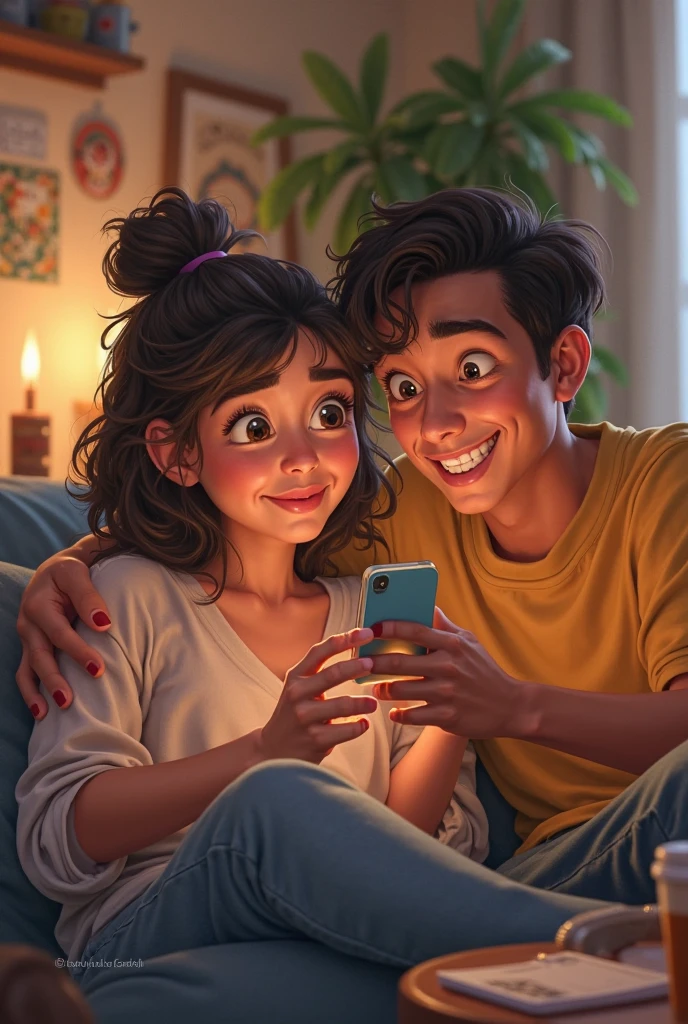 A boy in black shirt and a girl in pink shirt taking a selfie and the girl is holding the camera and the boy has dimples and has his hands on his knees and their cheeks are touching and smiling