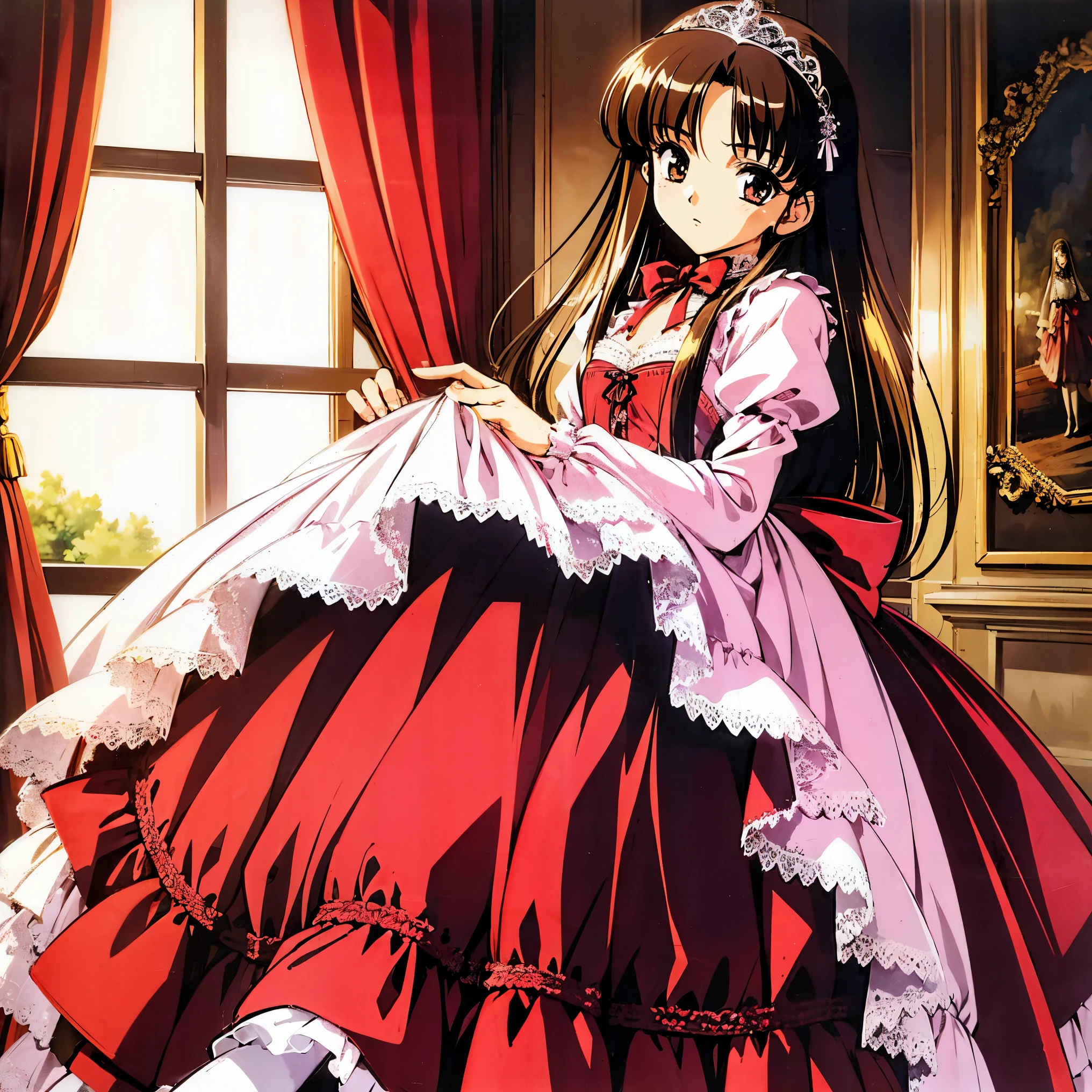 highest quality, masterpiece, highest resolution, artwork, super detailed, ,the girl is a princess,short body height:1.0,long hair,She is skirt lift with her hand,((pink Ball gown dress:1.0)),,round hoop skirt,Lots of lace and frills with the dress, tiara,long sleeve,puff sleeves ,long dress,dress has Lots of red ribbons White long socks,frills socks, A lace petticoat with many layers in the dress, I can see the lace petticoat and Drawers under the dress