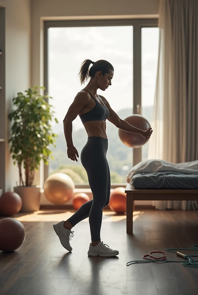 RAW, Best quality, high resolution, Masterpiece: 1.3, Beautiful brunette. Best quality, high resolution. Realistic, detailed, full-length woman in a blue top and black short shorts, very short woman in a blue top and black shorts is using an exercise bike, in shorts, legs and arms, long shot from back, sports bra and dark blue shorts, sports bra and shorts, shot from behind, working out, toned legs, thighs!!!!!!, A high resolution,(photographrealistic),Cute Girl,Sexy Pose, 8K, NFSW, A cute Brazilian woman, Smile, Underwear, opens legs,Tennis Uniforms, a miniskirt, Cowgirl, I'm sweating, Male genitals entering the crotch、fitness body, sports bra and dark blue shorts, toned legs. She is around 35 years old, a woman in good physical condition. Masterpiece, best quality, (best quality), realistic lighting, 8k.