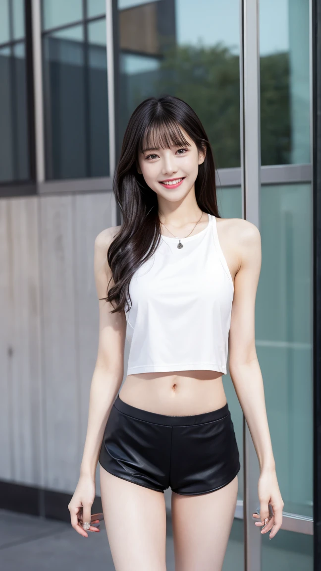An innocent 20-year-old girl, ((white Crop Top sleeveless tee, shorts, Dramatic Pose)),smile, (High Ponytail),natural Park、RAW Photos, (8k, highest quality, masterpiece:1.2), (Intricate details:1.4)、(Photorealistic:1.4), Octane Rendering, Complex 3D rendering with ultra-detail, Studio Soft Light, Rim Light, Vivid details, Super Detail, Realistic skin texture, Detailed aspect, Beautiful details in the eyes, Highly detailed CG Unity 16k wallpaper, compensate, (Detailed Background:1.2), Glowing Skin, whole body, ((thin legs)), small waist, Cleavage, (looking at viewer:3.0), (full body:1.2)