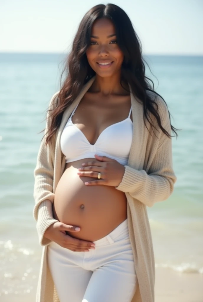 Ultra-realistic, 4K, Professional photos, 22-year-old girl, Black girl, ((huge breasts)), ((huge pregnant)), big curly hair, High resolution, Detailed face, Medium bodied, Floral skirt, (Open blue shirt), masterpiece, (Lighting), (1 solo), Beach Background, Realistic Background, Realistic photos