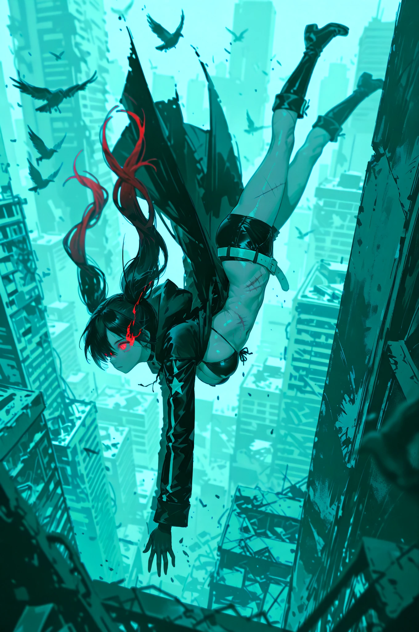 A person falling through a dark, endless void. Their arms and legs are flailing, and their expression is one of fear and shock. The background is filled with swirling shadows and hints of distant, indistinct shapes, creating a sense of disorientation and helplessness. A person falling from a great height, such as a tall building or a cliff. The sky around them is a mix of dark storm clouds and eerie, unnatural colors. Below, the ground is barely visible, shrouded in mist and shadows, giving the impression of an endless fall. The person’s face shows a mix of terror and disbelief. A surreal landscape with floating islands and impossible geometries. A person is depicted in mid-fall, with their body contorted in a way that suggests a loss of control. The background includes strange, dreamlike elements such as floating objects and distorted perspectives, enhancing the sense of unreality. A person falling through a series of increasingly distorted and abstract environments. Each layer they fall through is different, with shifting colors, shapes, and forms that evoke a sense of confusion and fear. The person's expression and body language should convey a sense of panic and helplessness. An abstract scene with a central figure in free fall. The background is a chaotic mix of swirling colors, patterns, and shapes, creating a sense of motion and instability. The person is rendered in a way that suggests movement and fear, with their body and limbs stretched out as they fall.