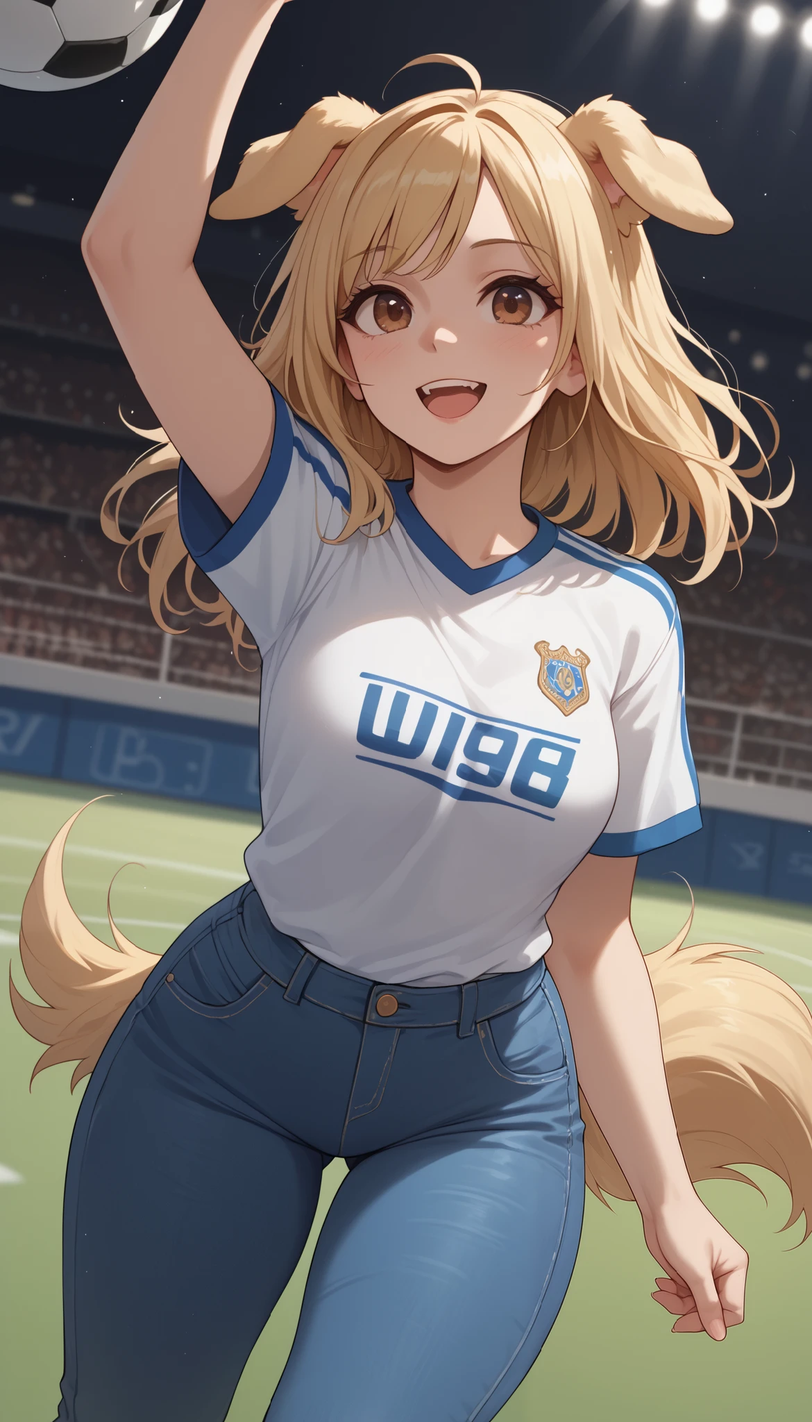 (Masterpiece) (High Detail) (High Res) A short curvy slim Humanoid canine female with pale human skin and brown eyes and long blonde straight hair and fluffy blonde floppy doggy canine ears and a long fluffy blonde doggy canine tail and medium breasts. She is jumping in the air and looking happy as she is stood in a sports bar with Soccer on the TV. She is wearing a Blue oversized Soccer Jersey and a pair of denim jeans.