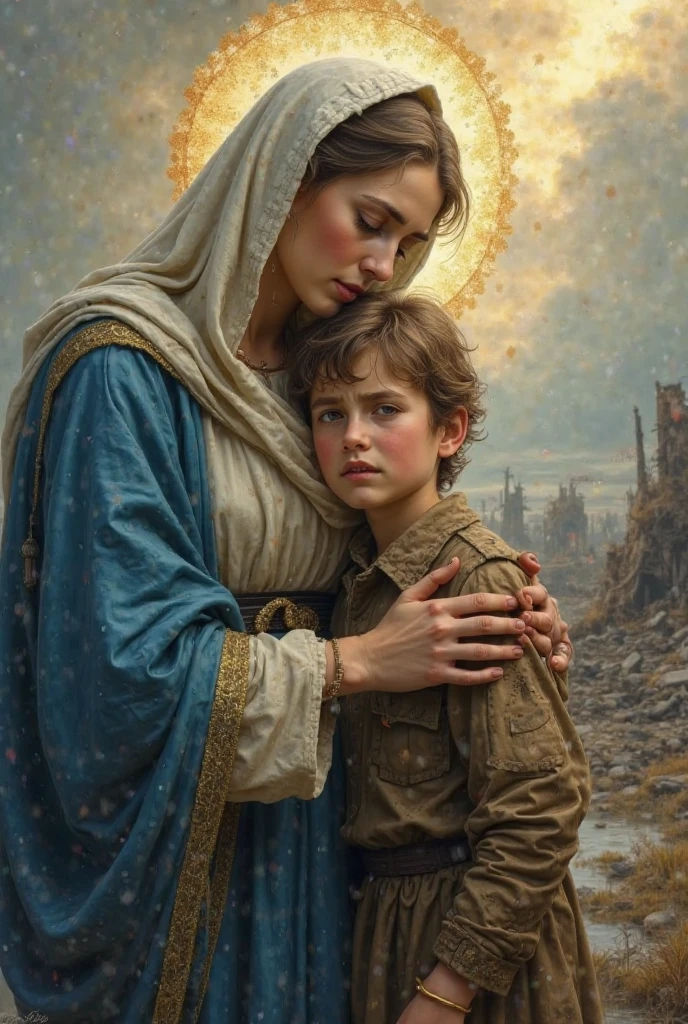 A beautiful Virgin Mary gently cradles a child in a city ruined by war.