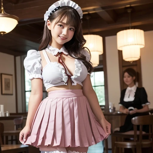 ((Illustrator)), ((anime)), (8K, RAW photo, highest quality, masterpiece:1.3), (realistic, photo-realistic:1.4), (Highly detailed 8K wallpaper), sharp focus, Depth of written boundary, japanese idol, very cute, (baby face), full body, highly detailed face and eyes, ((shiny skin:1.2)), cinematic lighting, soft light, blur background, Bokeh, cafe background with cozy and warm atmosphere, wooden furniture, clean design, wearing a fancy and cute maid costume with pastel colors, lace, ribbons, and frills, a shorter skirt, white apron, low-cut neckline showing cleavage, knee-high socks with bows, and cute shoes, similar to the attached image but more elaborate and whimsical, with a natural gaze looking to the right