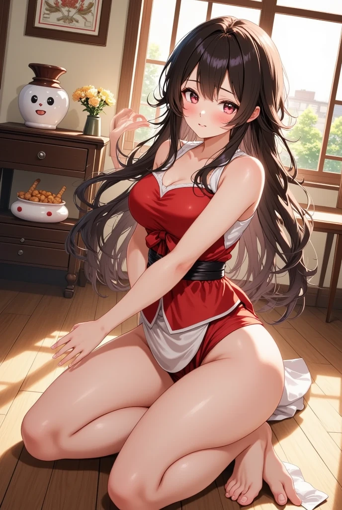 ((Tabletop, Highest quality, High resolution, , Pixel Perfect, 4K,))), 1 female, 、The whole body is visible、 ((Long Wavy Hair, bangs, Brown Hair)), ((Brown eyes, Beautiful eyelashes, Realistic eyes)), ((Detailed face, Blushing:1.2)), ((Smooth texture:0.75, Realistic texture:0.65, Realistic:1.1, Anime CG Style)), Medium sized breasts, Dynamic Angle, Perfect body, (( , , Santa Claus Costume、Off-the-shoulder sweater、No bra、、 flare skirt、Black Stockings、、)), Gold Hair Ornament、Cross Necklace、、Very embarrassing panic smile, 、、、、、Leaning forward、Nipples are slightly visible、Sideboob、、Put your hands on the table、、Stick your butt out、Luxury apartment kitchen、、、、、、 、)、