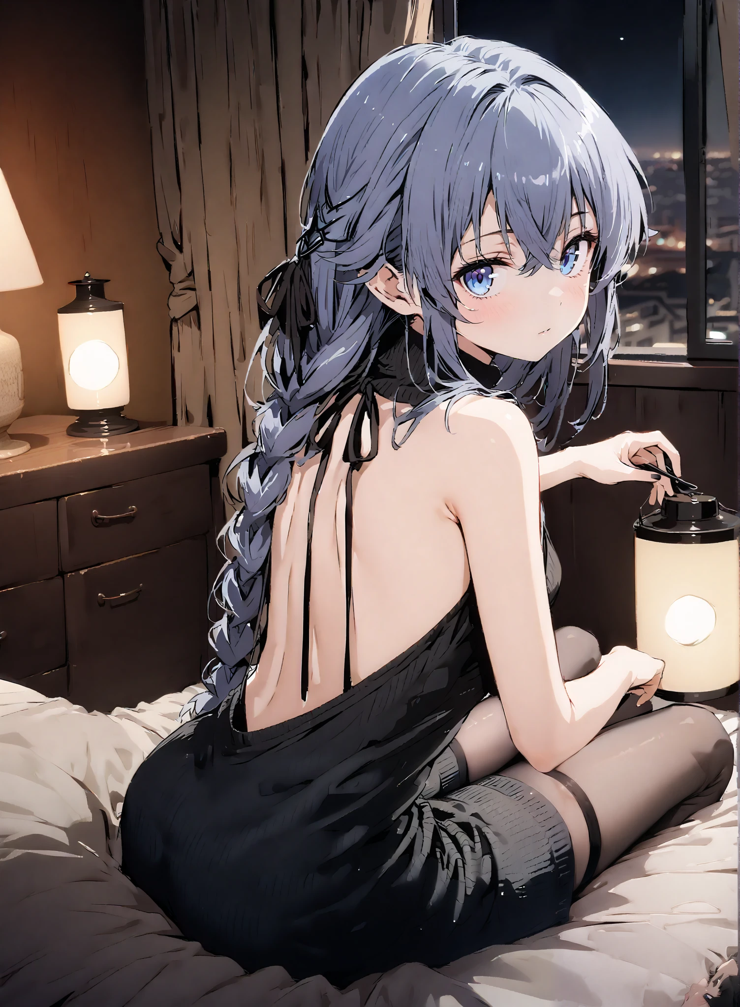 score_9, score_8_up, score_7_up, source_anime,
Roximigurdia, Roxy Migurdia, stupid hair, black ribbon, blue eyes, Lantern, knitting glasses, o, hair ribbon, 長い髪knitting glasses twin knitting glassess,
Virgin Killer Sweater, Naked Sweater, sweater dress, Open back clothing, turtleneck sweater, backless dress, sideboob,Black Panty Stockings, is turning, Interior ,Beautiful cityscape, sitting on the bed,night,full bodyがイラストに入るように, break indoors, bedroom,
break looking at viewer,full body,
break (masterpiece:1.2),Best Quality , kampala, Unity 8K Wallpaper ,(shape:0.8),( fine, beautiful eyes :1.6),It's a person ,full body写真,CG Details , (perfect hands, complete anatomy),