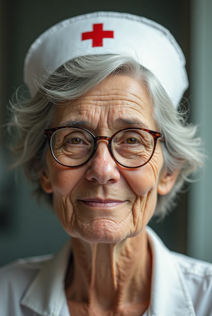 old woman, elderly, white hair, funny face, mischievous expression, glasses, very physically weak, inside the hospital, holding the rod with saline solution.