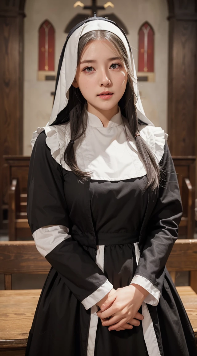 (オナニー:2.0),(A Ultra cute young Japanese nun:2.0),(she wearing a decorated with lace nun costume and scart slim fit:2.0),(beautiful detailed dropped eyes:2.0),beautiful detailed lips, (extremely detailed cute and beautiful face:2.0), longeyelashes, (slender woman body:1.5), (beautiful short hair:2.0), (natural makeup,big smile:1.5), incredibly beautiful skin,(professional lighting, bright lighting, photorealistic, 8k, high resolution, best quality, masterpiece, ultra-detailed:1.75), vivid colors, (Moonlit Night:1.5),(The moonlight shines on her face:1.2),(She is in the convent:1.2)
