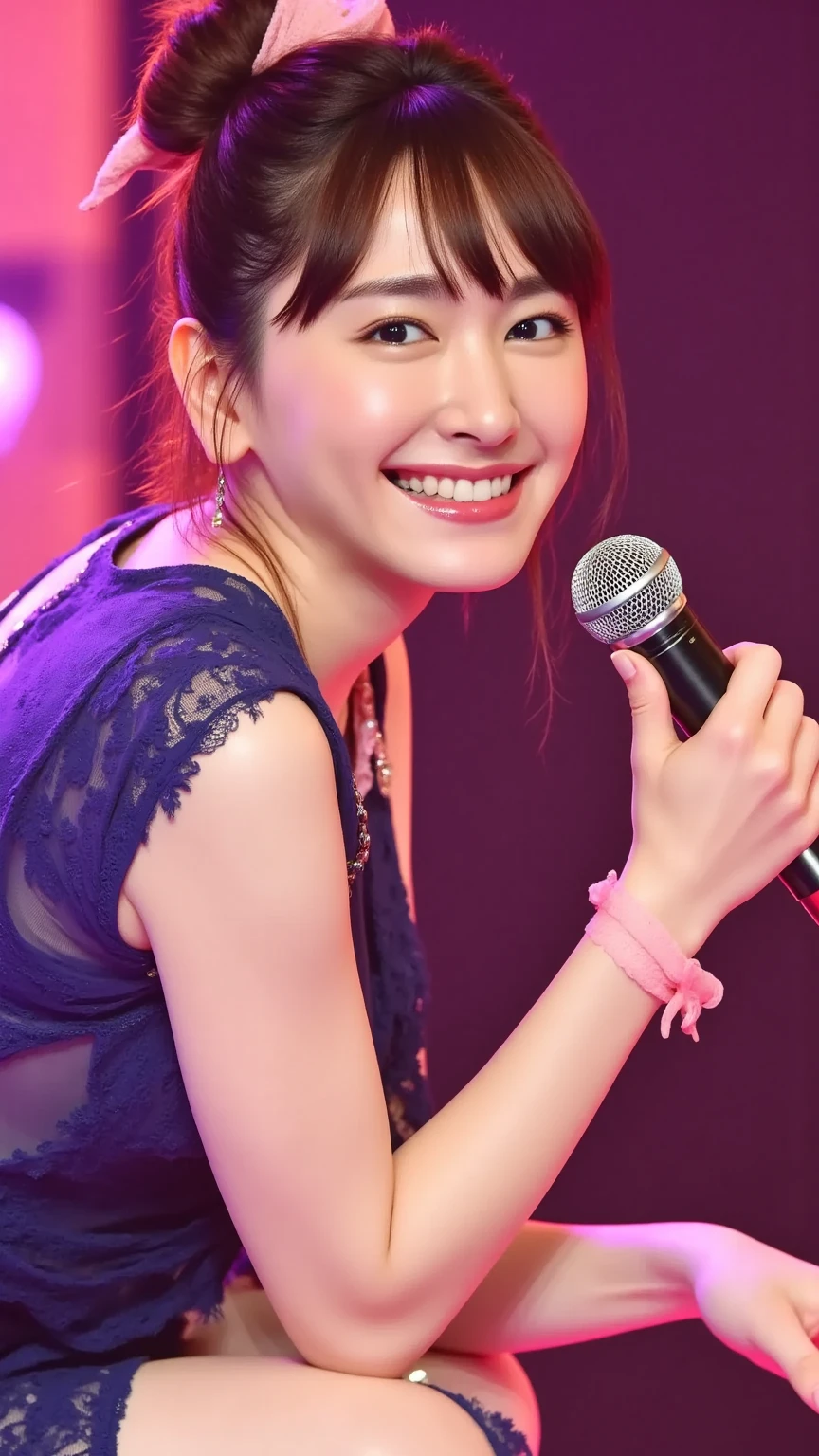 realistic, on the stage of the live music club, waving a hand against the audience, smiliing, brightly lit by spotlights on the stage, extremely bright lighting, long light silver hair, wearing pastel green costume like an cuty idol, a little exposed a chest, wearing like a tiara on the head, hair is blowing in the wind, hair is shaggy and dishevelled, beautiful white-colored translucent skin and face, sweat splashes, slendar and tall figure, skiny chest, heavy and vivid makeup, small nose, smooth shaped jawline, glossy face, heavy flushed cheeks, big smile, a little adult-like charm, close-up shot