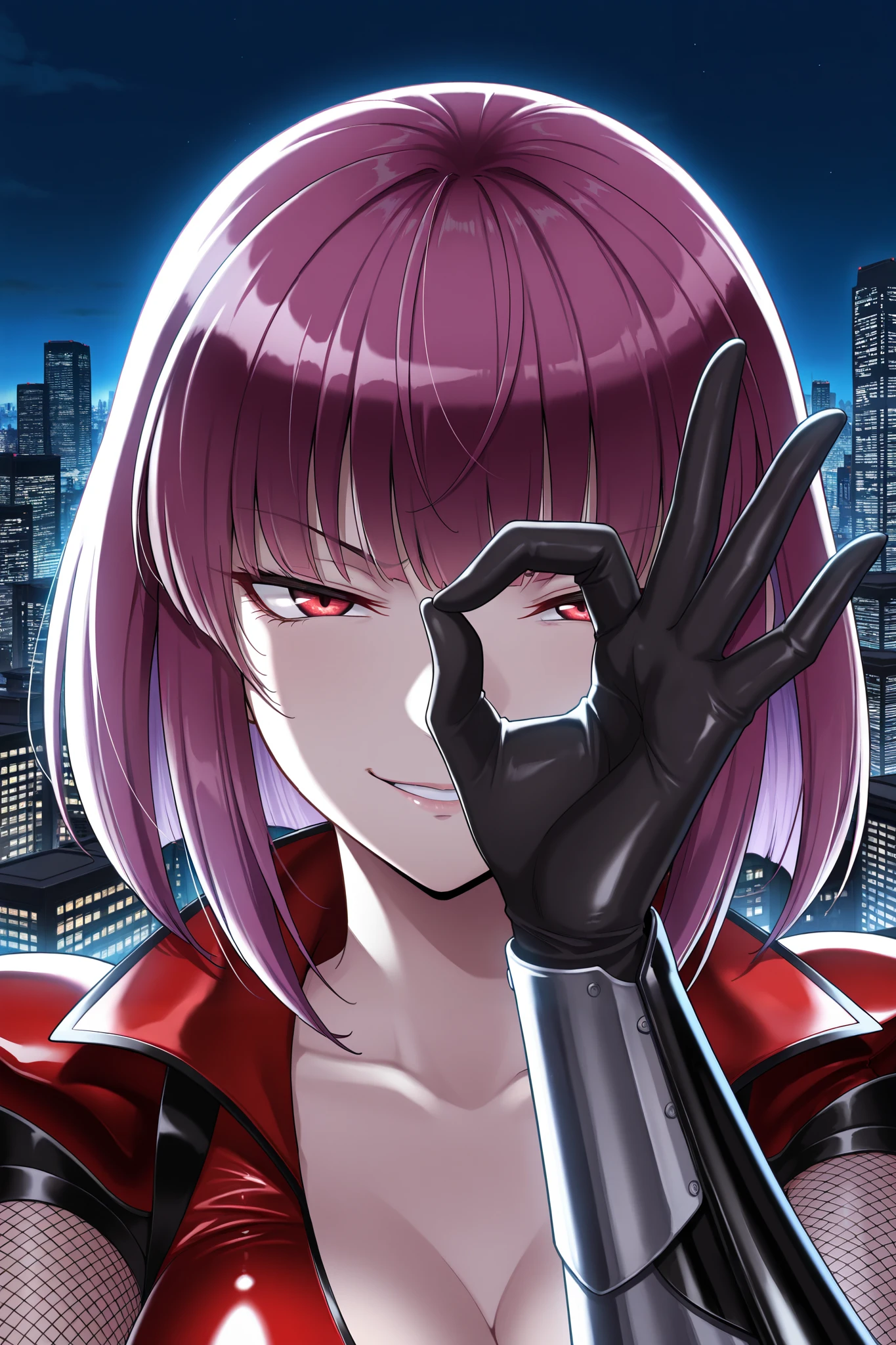 masterpiece, good quality, best quality, shadow, backlighting, Oboro, 1girl, mature female, portrait, close-up, ok sign, purple hair, long hair, red eyes, smirk, red leotard, black gloves, vambraces, fishnets, outdoors, cityscape, skyscraper, night, night sky,
