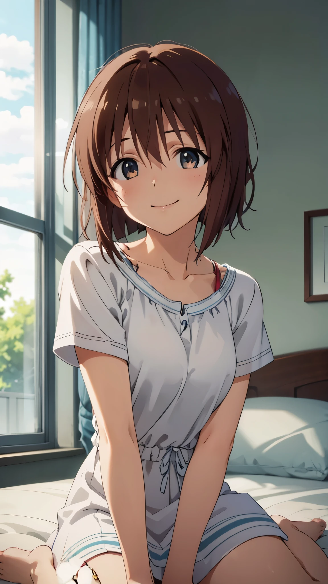 1 girl, yukiho hagiwara, brown hair, short hair, brown eyes, smile, BREAK, white dress, casual mini dress, sleepware, barefoot, Sit on the bed, view audience, In a room, (The large window overlooks the blue sky), morning, (A bright room lit by the morning sun), Close up on face, CG, unity, 8k, wallpaper, highest quality, masterpiece, complex pupils, complex textile, detailed background, (best lighting: 1.5), detailed eyes, detailed face
