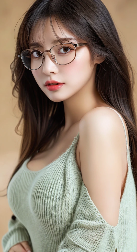 Film Portrait Photography, 1 girl, Bare shoulders,Lipstick,(flat chest:1.4), Shoulder-Length Wavy Hair, wear glasses,serene, calm, (Realistic and detailed eyes, Natural skin texture, Realistic facial details), Soft dramatic lighting, Depth of Field, Bokeh, Vivid details, Detailed and detailed, Surreal, 35 mm film, hazy, ,